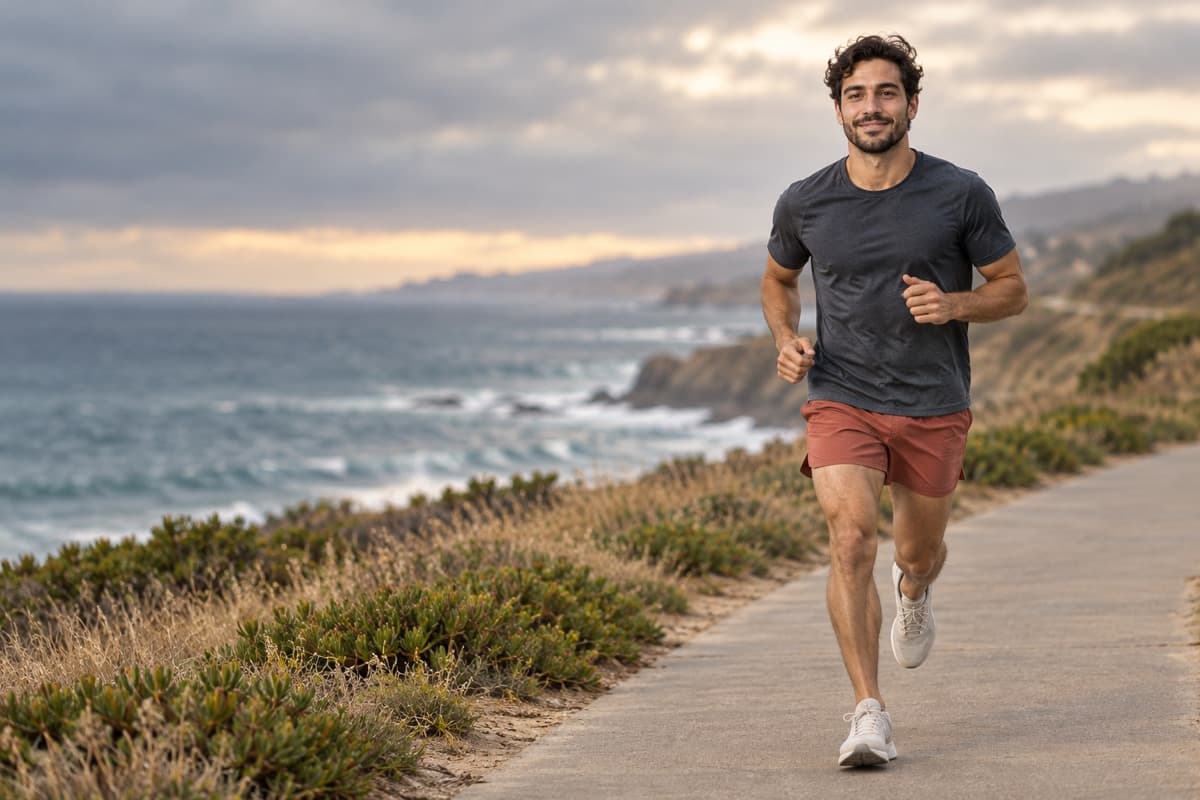 Charlie, an Intervals coach, running on a coastal path