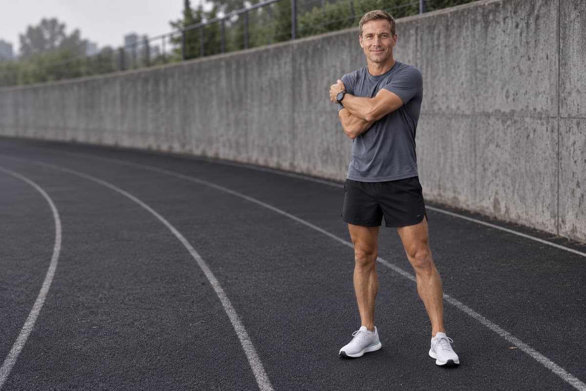 Chris, an Intervals coach, standing on a running track